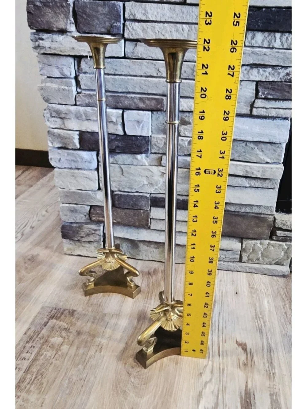 2 Art Nouveau Large Candlesticks Candle Holders Two Tone Brass & Silver 22